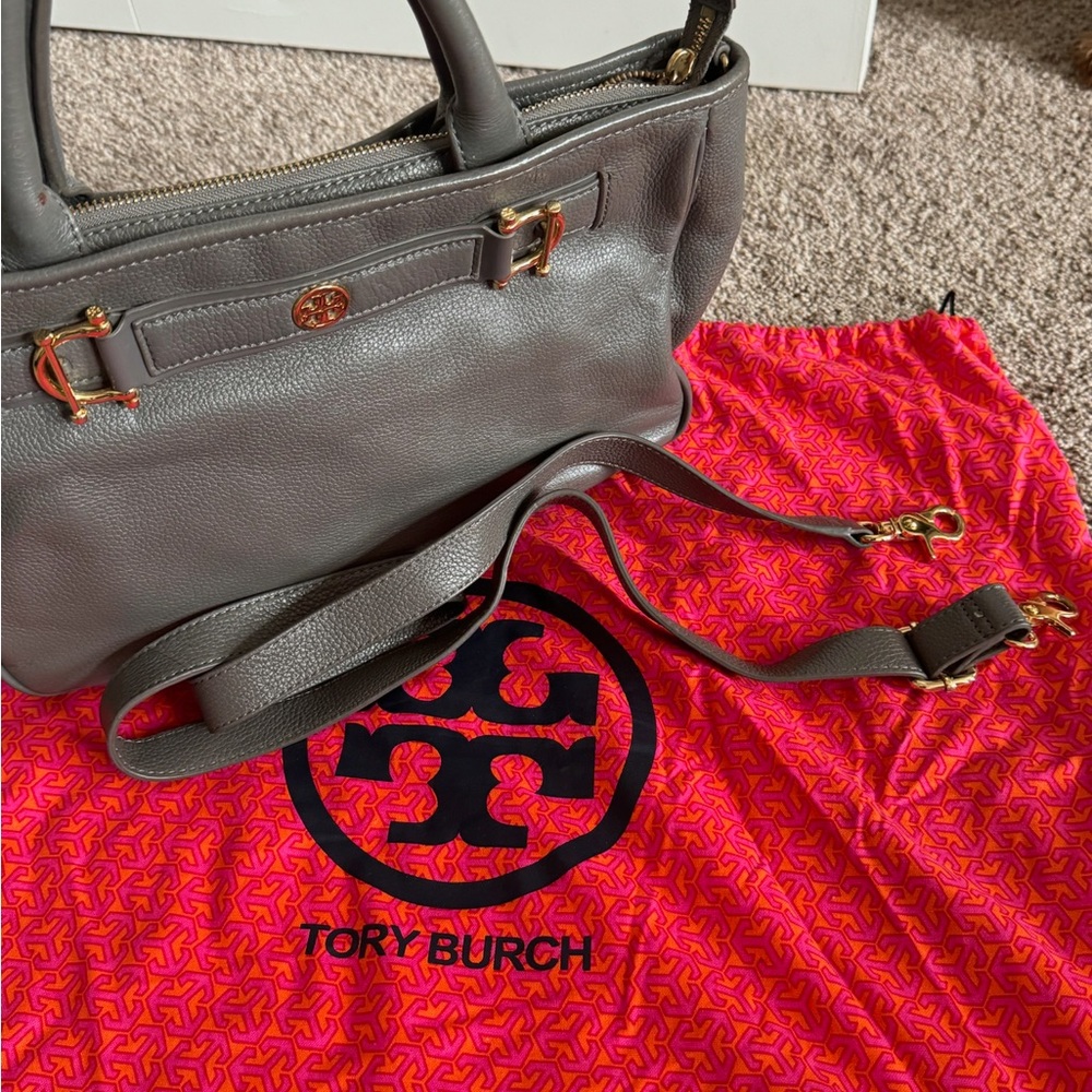 Tory Burch Gray Satchel with Gold Accents